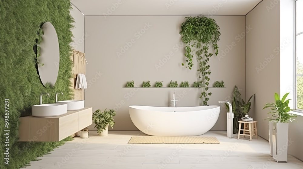 Natural bathroom design. Illustration AI Generative.