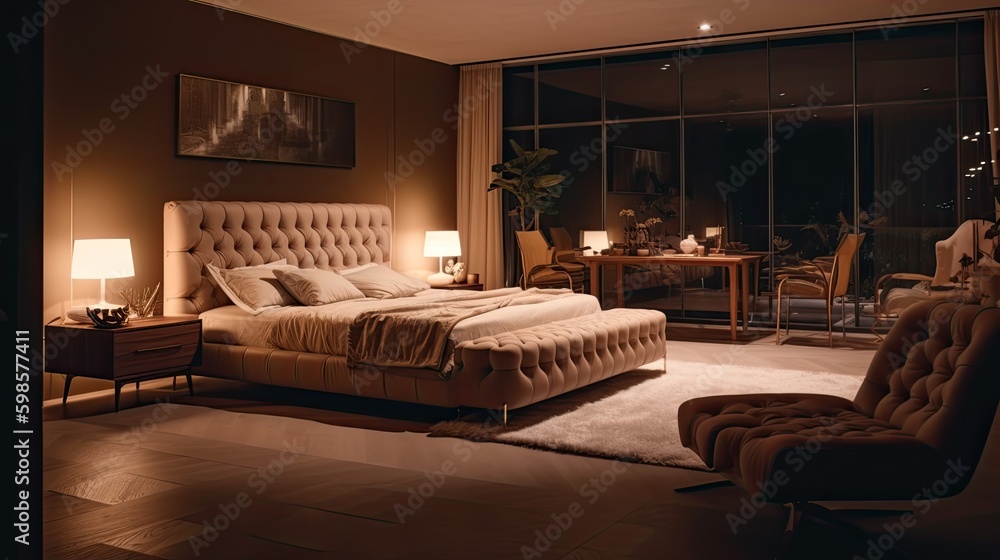 Luxury bedroom interior. Illustration AI Generative