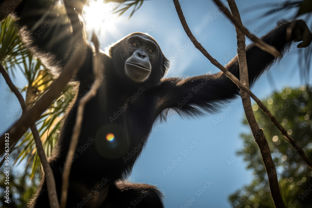 Playful Bonobo in the Canopy. Enchanting image of a bonobo swinging through a sun-kissed canopy agai