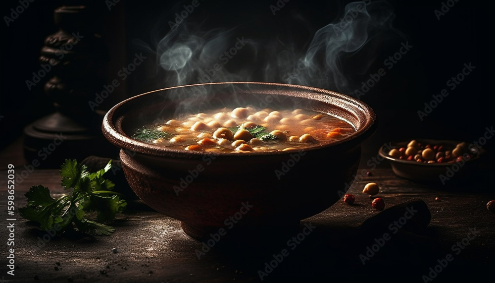 Healthy vegetable stew cooked on rustic wood table generated by AI