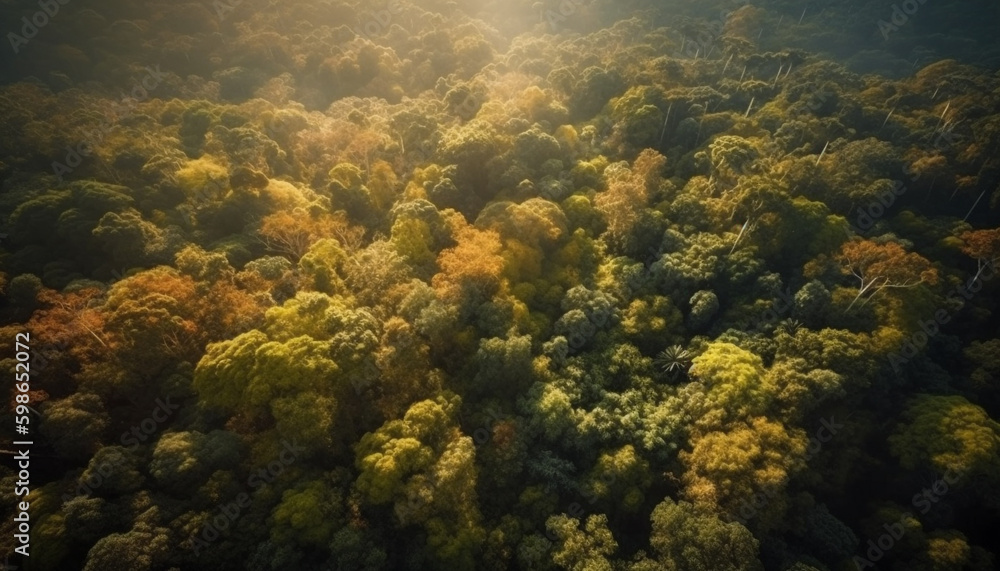 Vibrant autumn forest, high angle view, foggy generated by AI