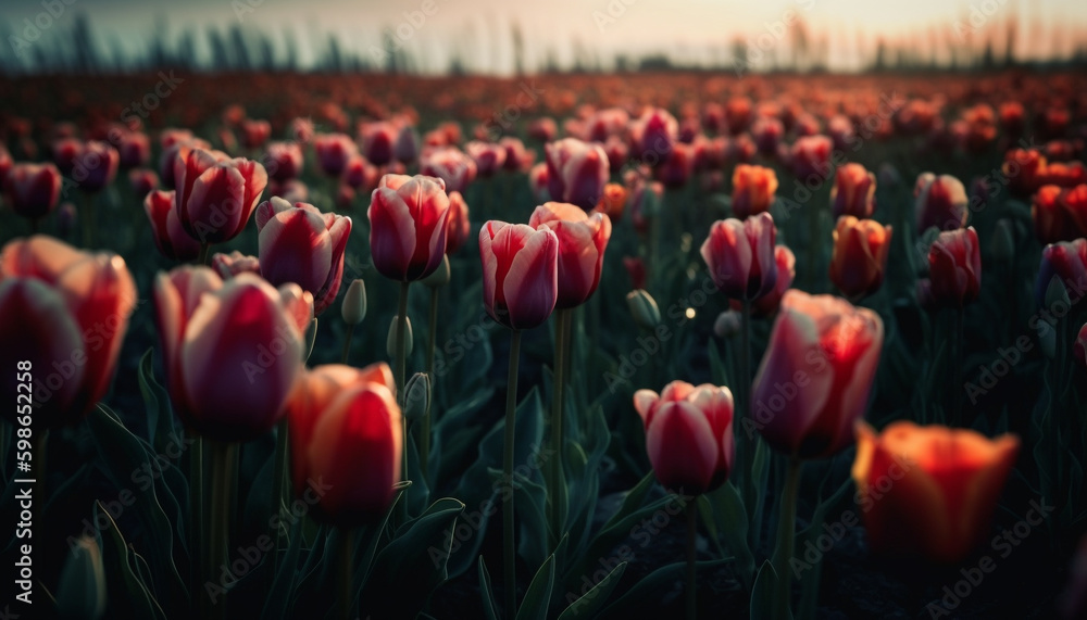 Vibrant tulip blossom in nature formal garden generated by AI