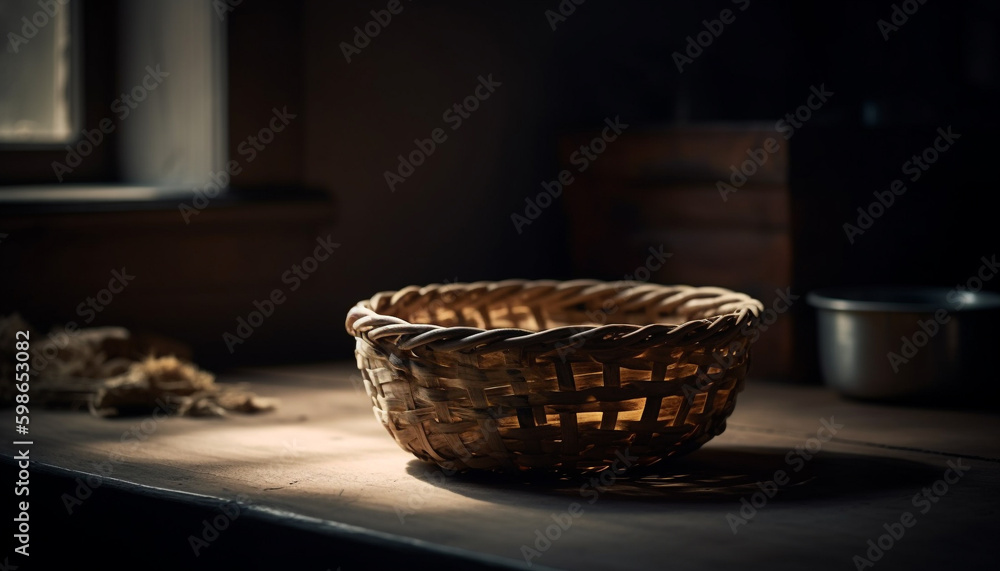 Rustic wicker basket holds homemade pottery bowls generated by AI