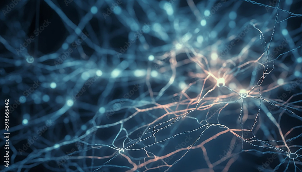 Glowing nerve cells connect in futuristic synapse pattern generated by AI