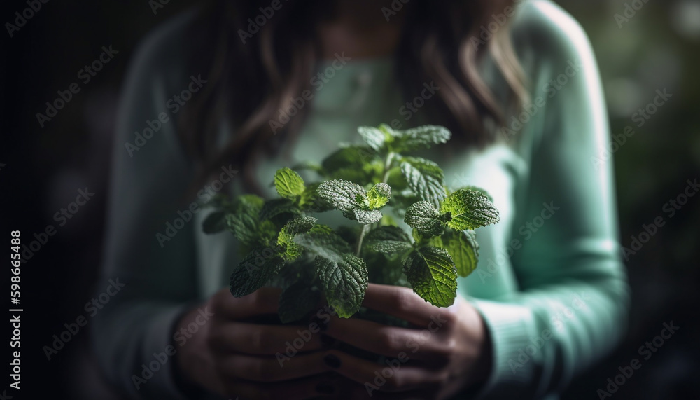 Young woman holding fresh seedling for planting generated by AI