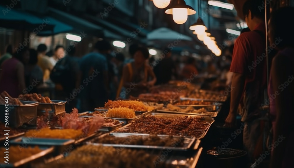 Street vendors selling fresh seafood in night market generated by AI