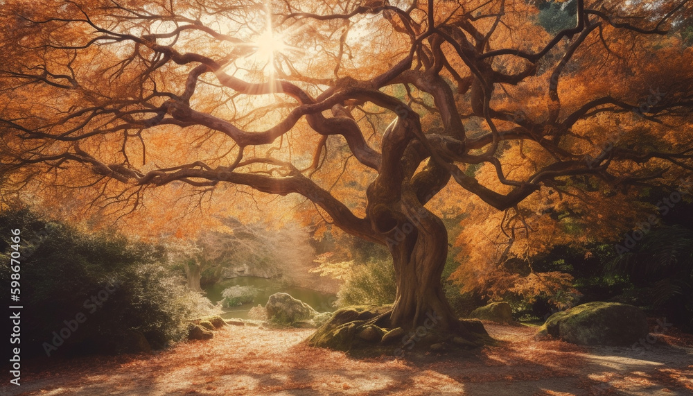 Autumn leaves fall on tranquil forest path generated by AI