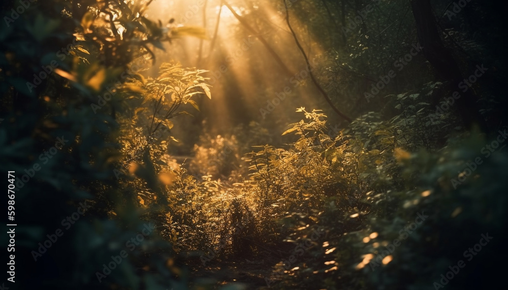 Sunlit autumn forest, leaves crunch underfoot generated by AI