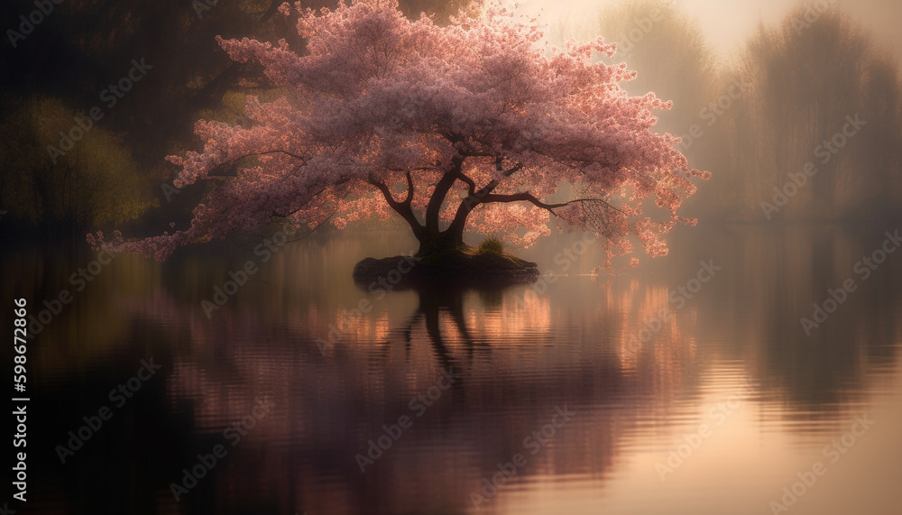 Purple sky, spooky reflection, tranquil autumn landscape generated by AI