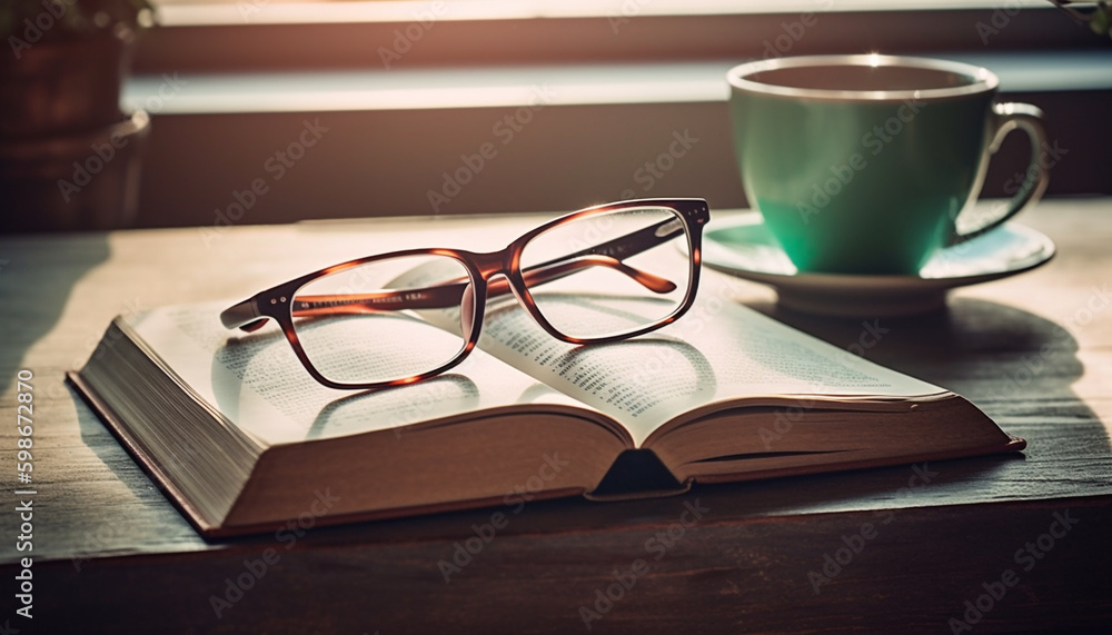 Reading old fashioned literature on wooden desk indoors generated by AI