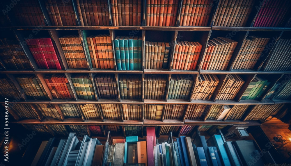 Abundance of old literature on bookshelf indoors generated by AI