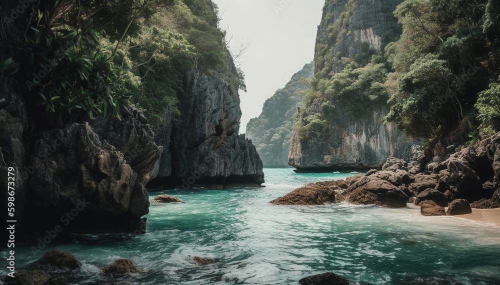 Tranquil scene of green cliffs and water generated by AI