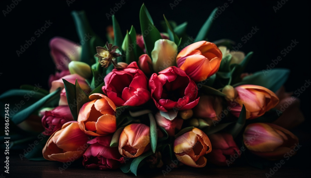 Fresh bouquet of tulips, a nature gift generated by AI