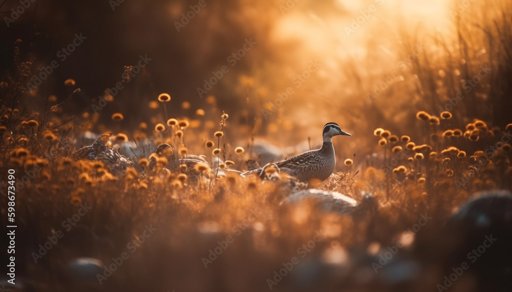 Silhouette of walking duck in tranquil meadow generated by AI