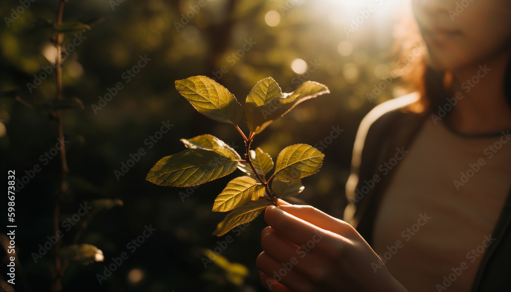 Autumn leaves fall, women embrace nature beauty generated by AI