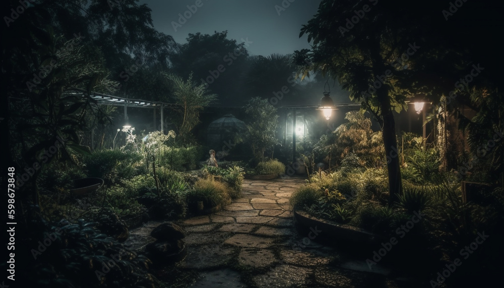 Tranquil dusk, lantern illuminates spooky forest mystery generated by AI