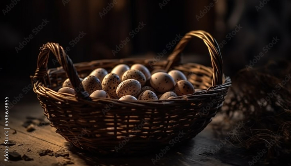 Rustic wicker basket holds fresh organic fruit generated by AI