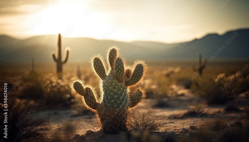 Silhouette of saguaro cactus in back lit sunset generated by AI