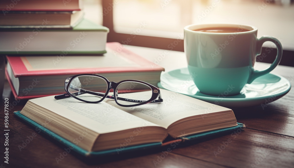 Stack of textbooks on table, student studying generated by AI