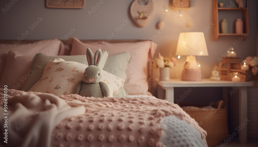 Cozy bedroom with modern decor and cute animals generated by AI