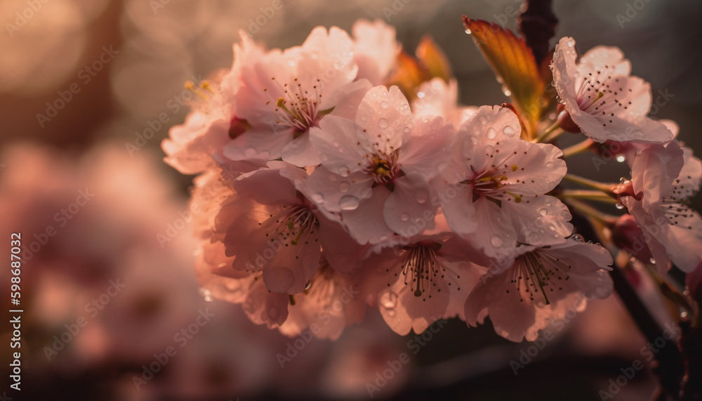 Fresh cherry blossom petals in vibrant pink generated by AI