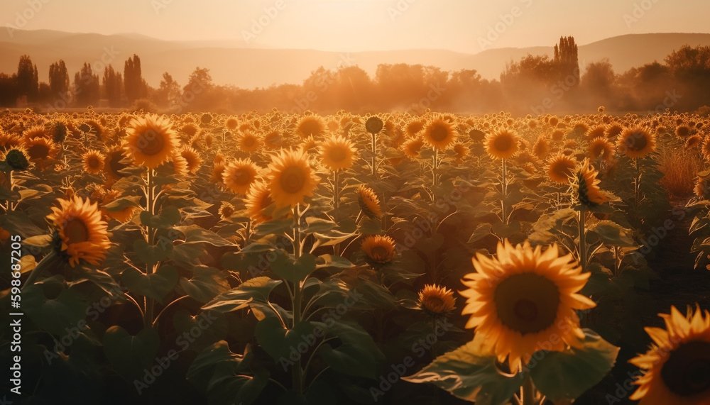 Sunflower blossom, backlit by vibrant sunset sky generated by AI