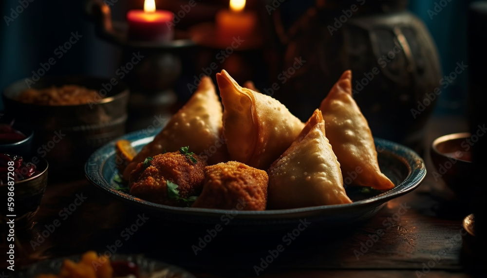 Fried samosas, dim sum, and dumplings galore generated by AI