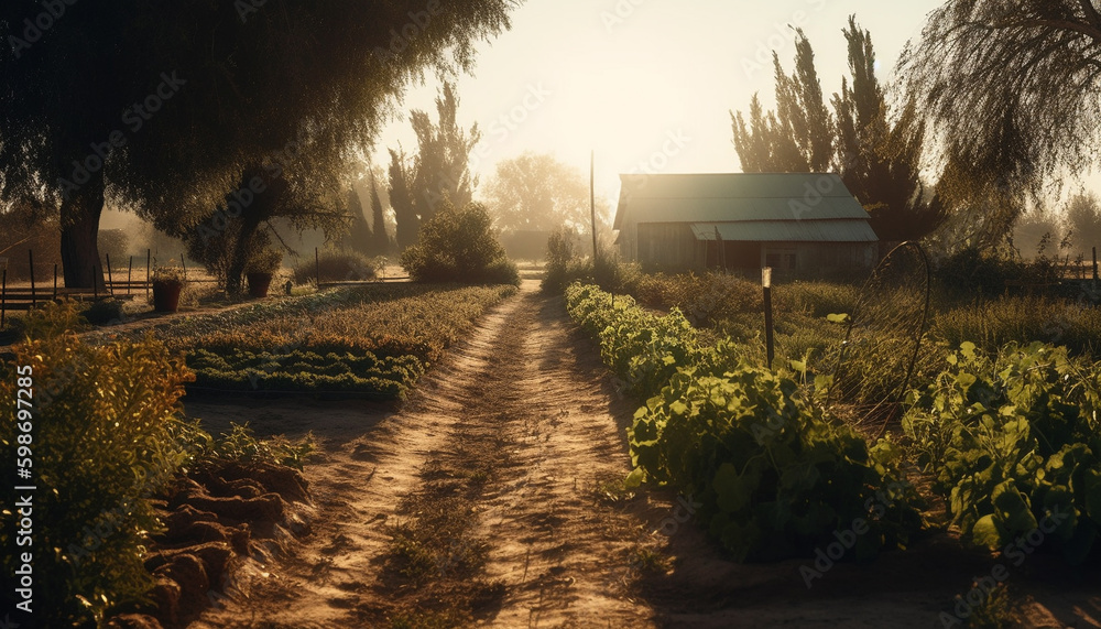 Sunset over rural farm, tree branch silhouettes generated by AI