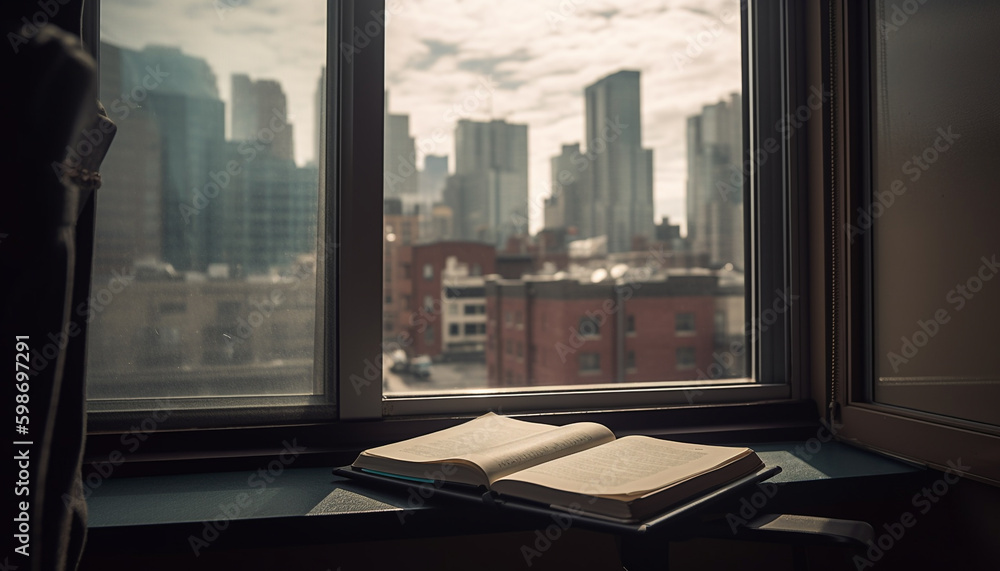 Reading textbook on table by window sill generated by AI