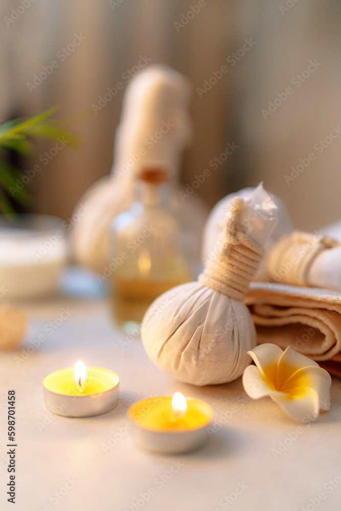 Natural organic spa products in massage parlor. Atmosphere of relax, detention, zen. Aromatherapy. B