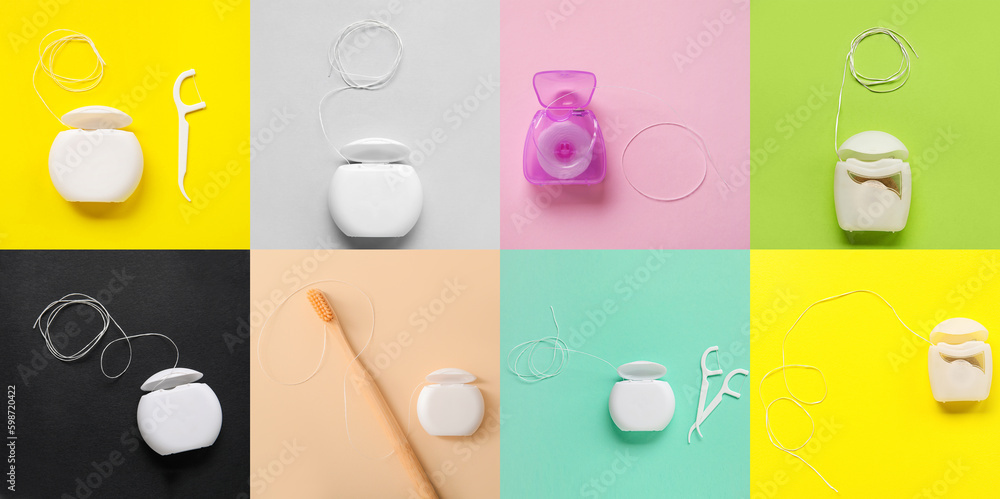 Collage of dental flosses with tooth brush and toothpicks on color background, top view