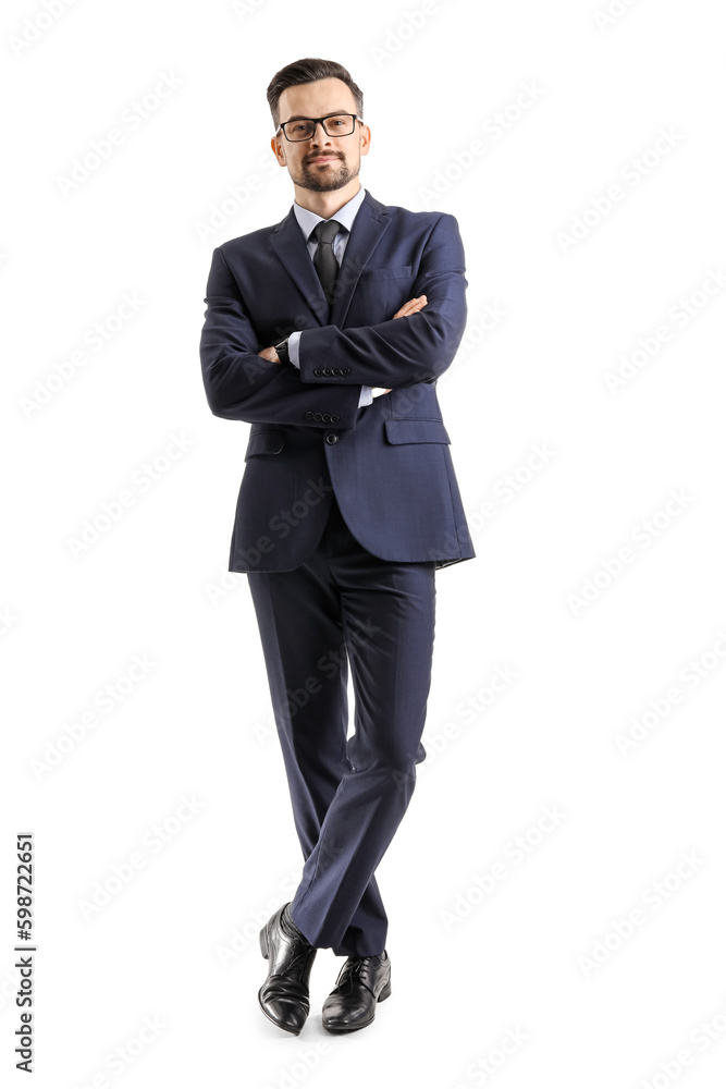 Handsome businessman in eyeglasses on white background