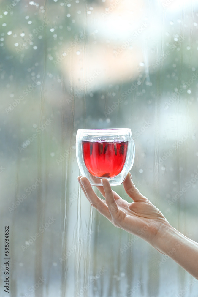 Female hand with cup of floral tea against window