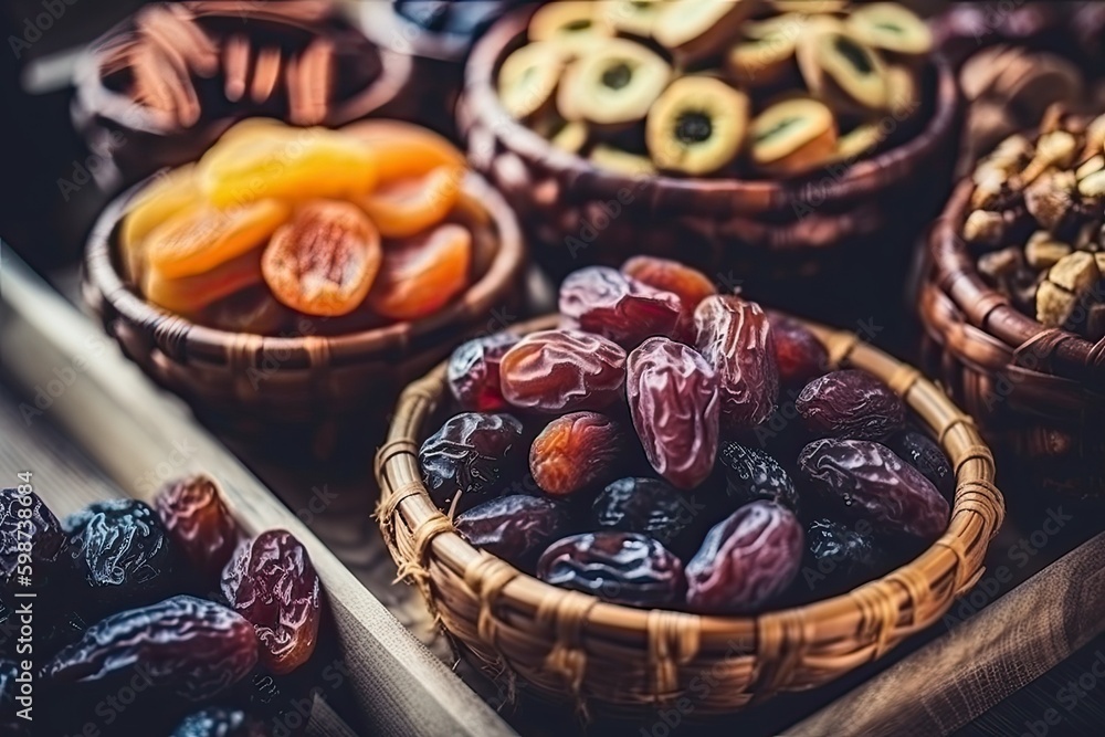 two refreshing drinks served on a wooden table with ice cubes and fruits. Generative AI Generative A