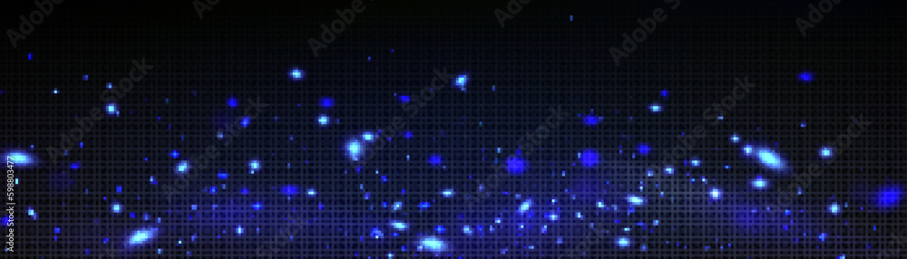 Blue fireflies glowing on dark transparent background. Vector realistic illustration of abstract neo