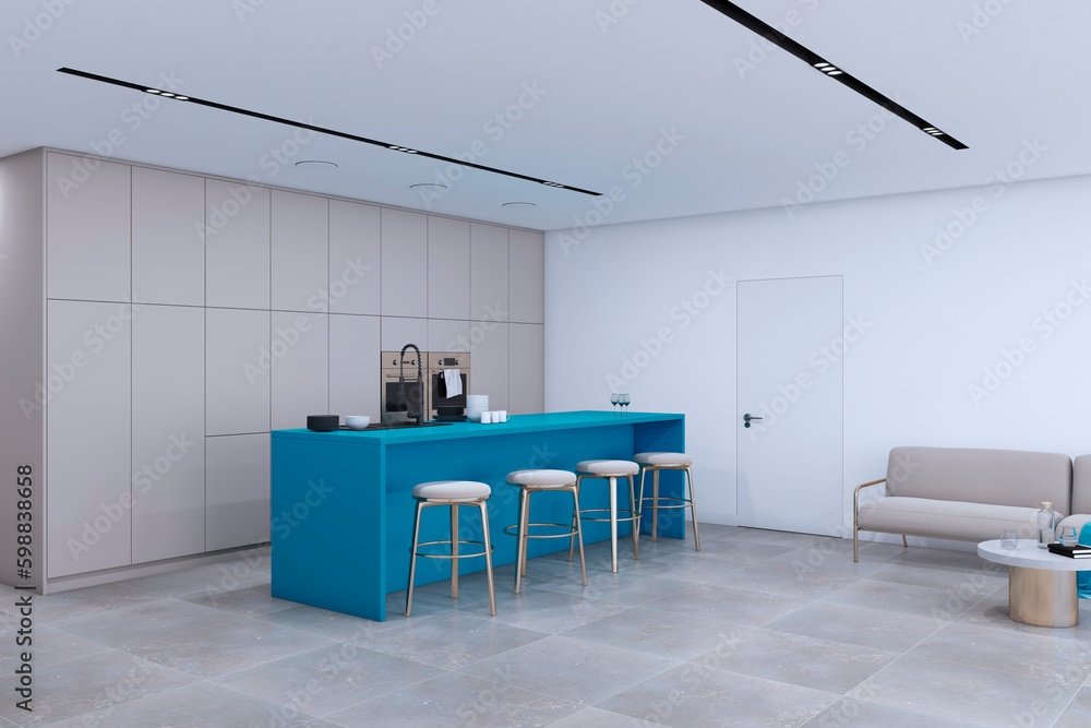 Clean white and blue loft kitchen studio interior. Designs concept. 3D Rendering.