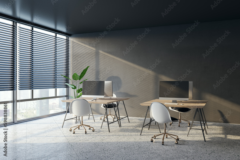 Simple coworking office interior with window and city view, blinds, workspaces and concrete flooring