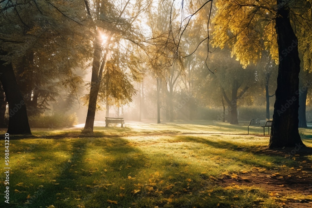 beautiful morning light in public park with green grass field