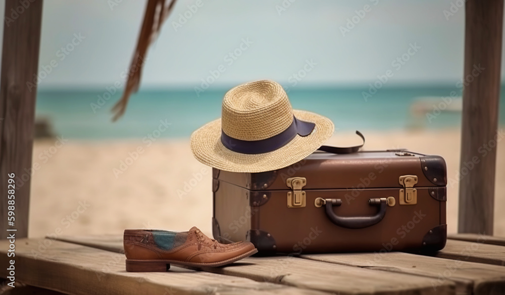 Suitcase, hat and accessories on the wooden floor with a sea background. Travel concept. Generative 