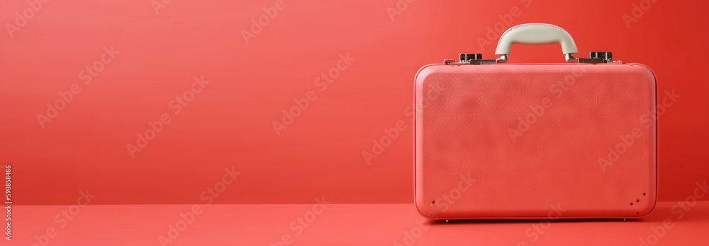 Red travel suitcase, on red background. Trip concept. Generative AI