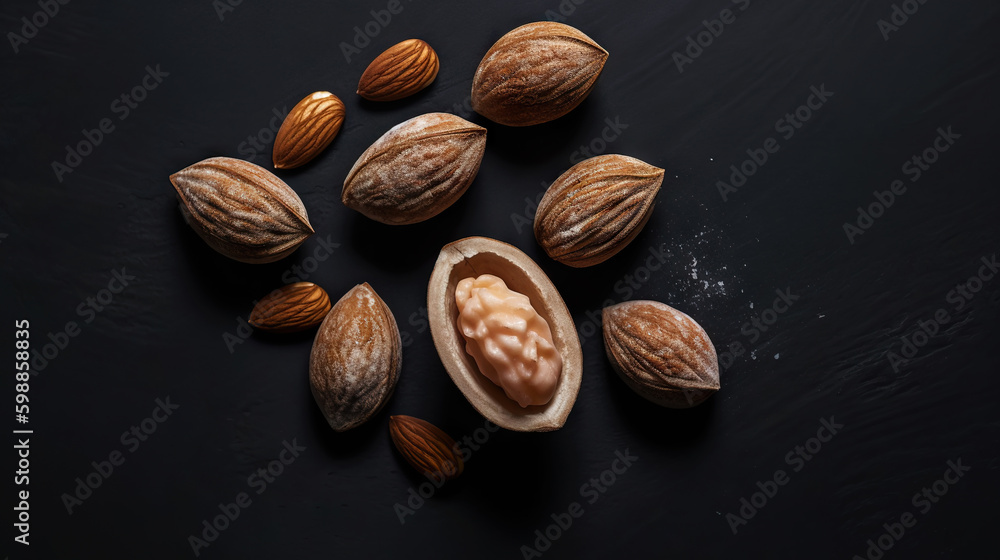 Group of raw peeled almonds on dark background. Generative AI