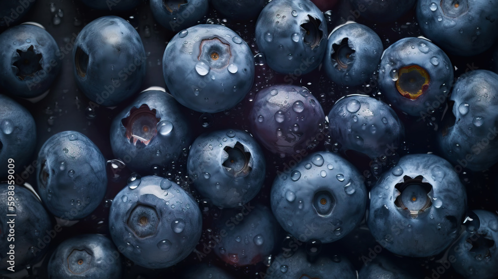 Fresh ripe blueberries with water drops background. Berries backdrop. Generative AI