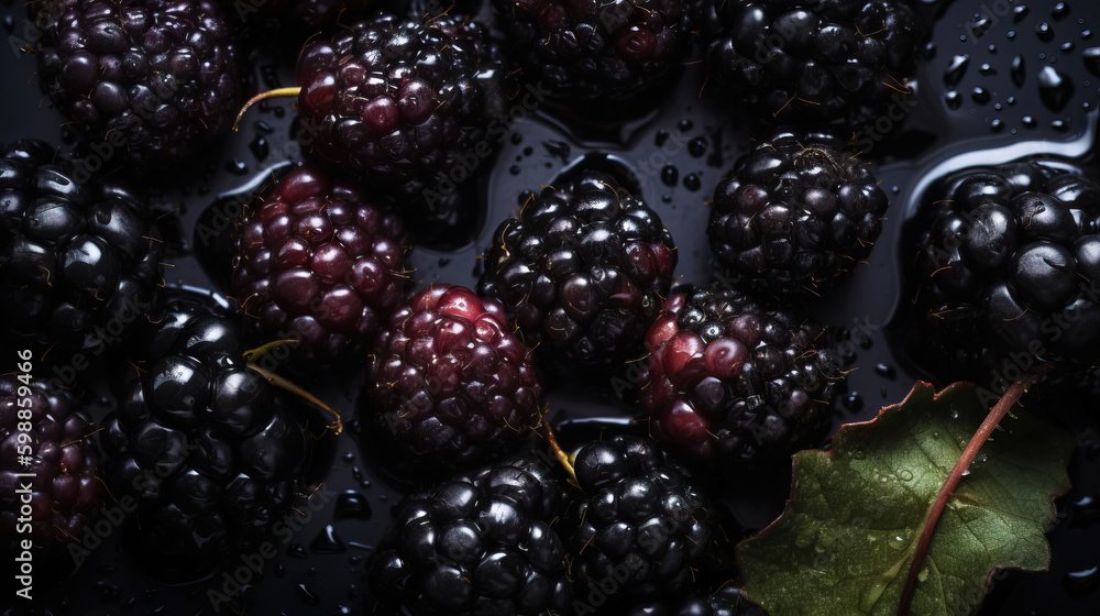 Fresh ripe blackberries with water drops background. Berries backdrop. Generative AI