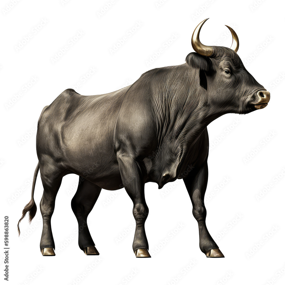 Bull isolated on white, transparent background and looks strong and elegant