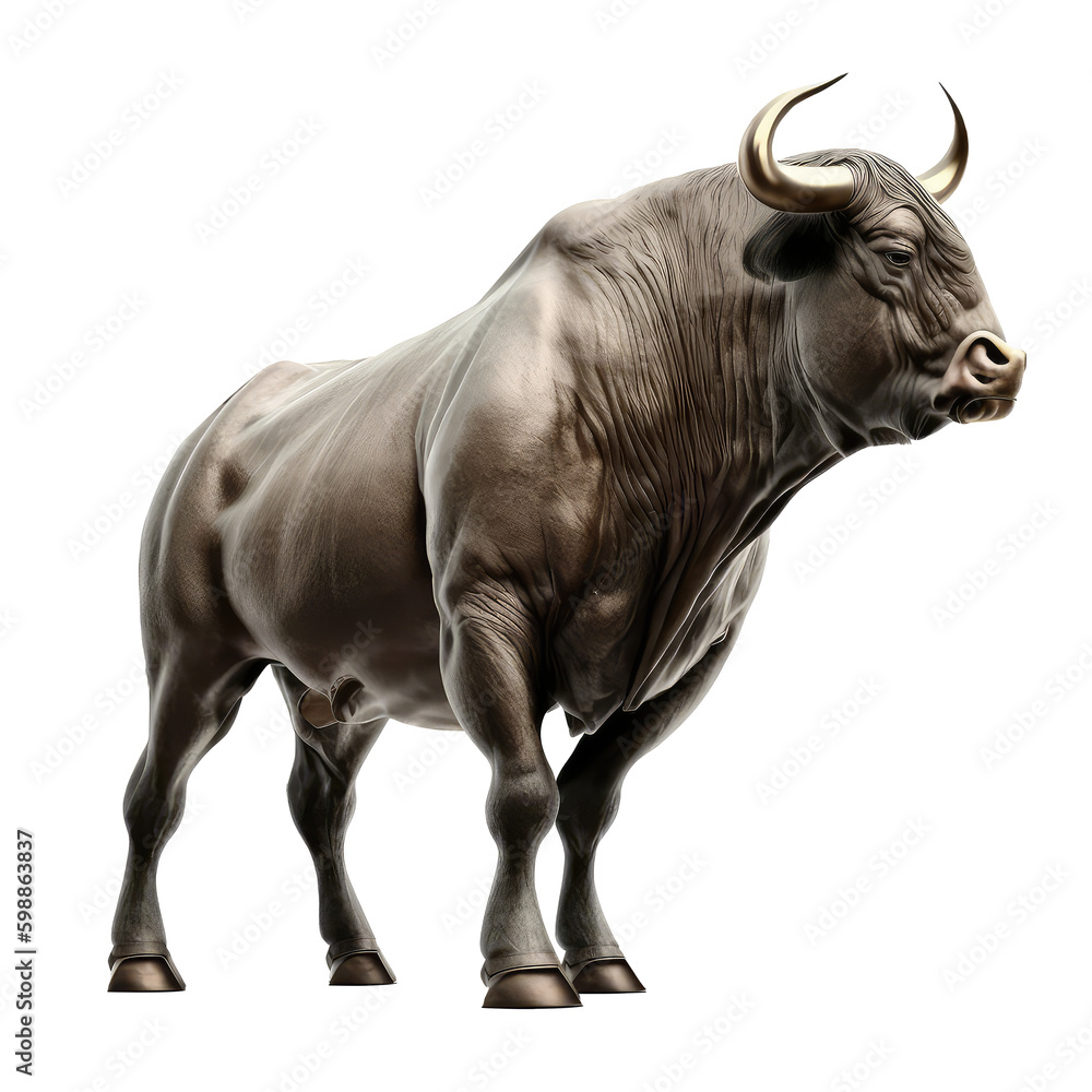 Bull isolated on white, transparent background and looks strong and elegant