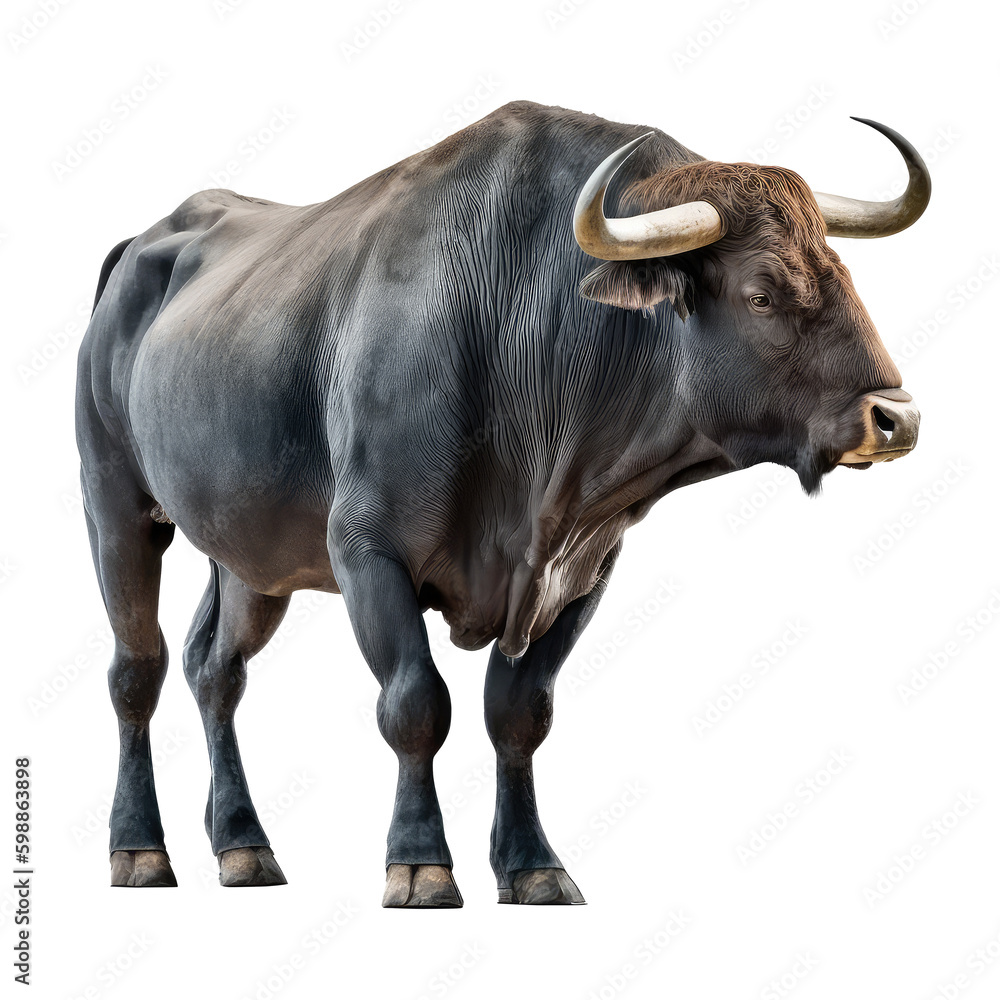 Bull isolated on white, transparent background and looks strong and elegant