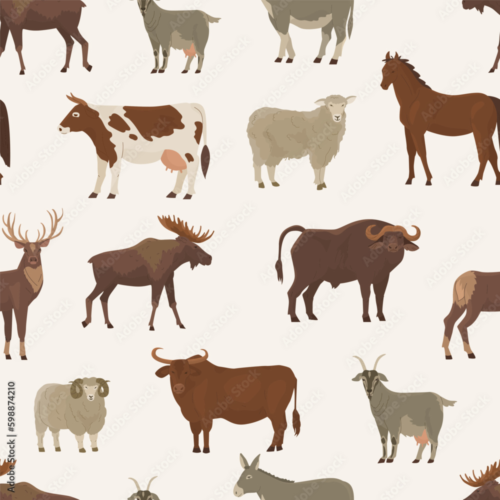 Endless seamless pattern with ungulates. Decor for farm products and wildlife advocates. Vector illu