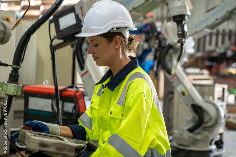 Engineer and mechanic worker checking and maintain industrial robot arm controller inside the factor