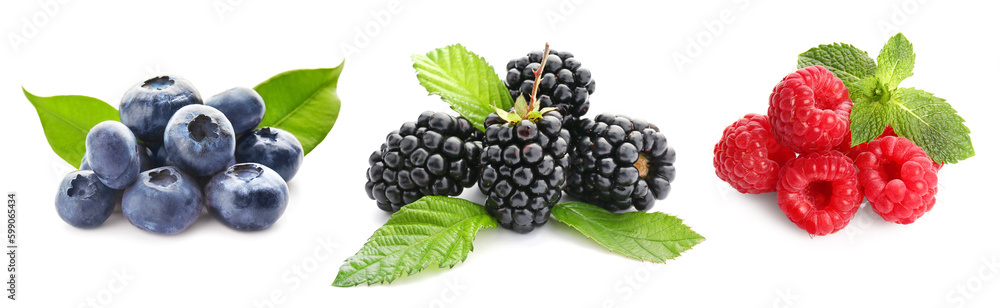 Set of different berries on white background