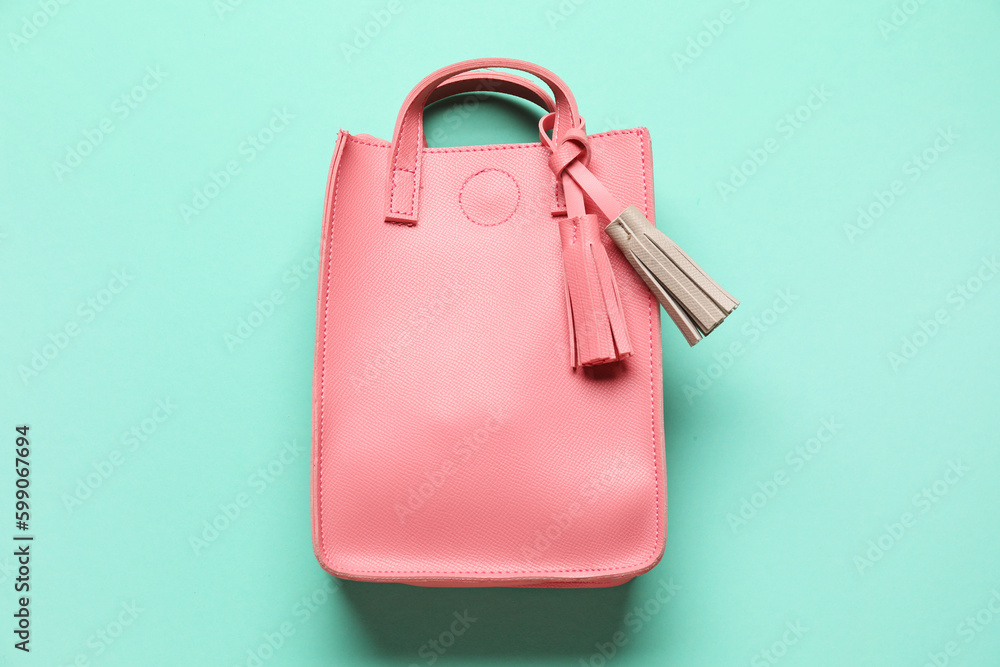 Stylish female bag on color background